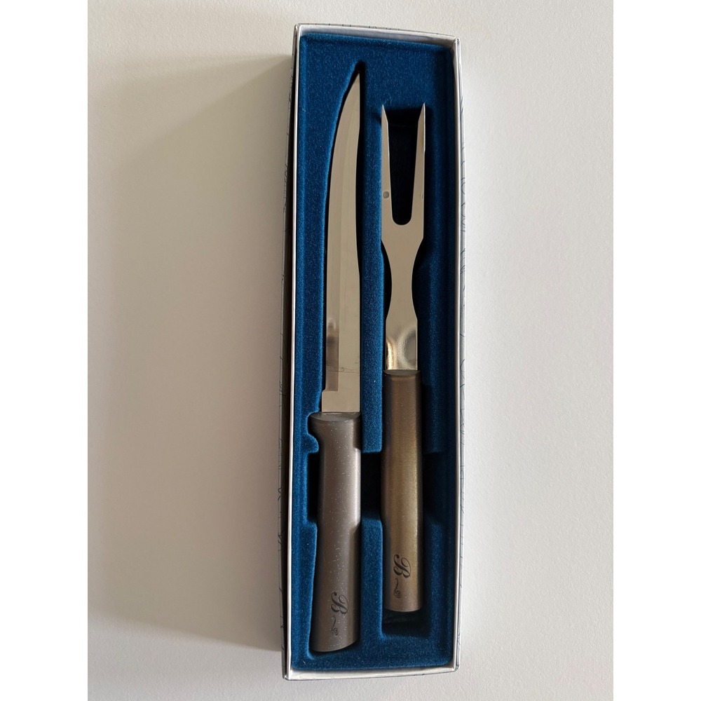 Vintage Stainless Steel Carving Set Knife and Fork Monogram B with Box Silver